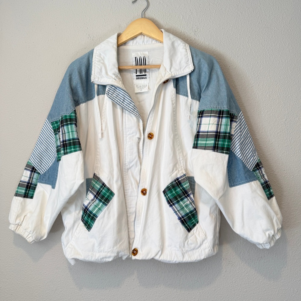 PAO Originals Vintage Patchwork Jacket White Plaid Denim Striped Cotton Small